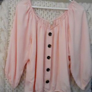Lily White elastic/off shoulder peach lightweight blouse. Brown buttons.